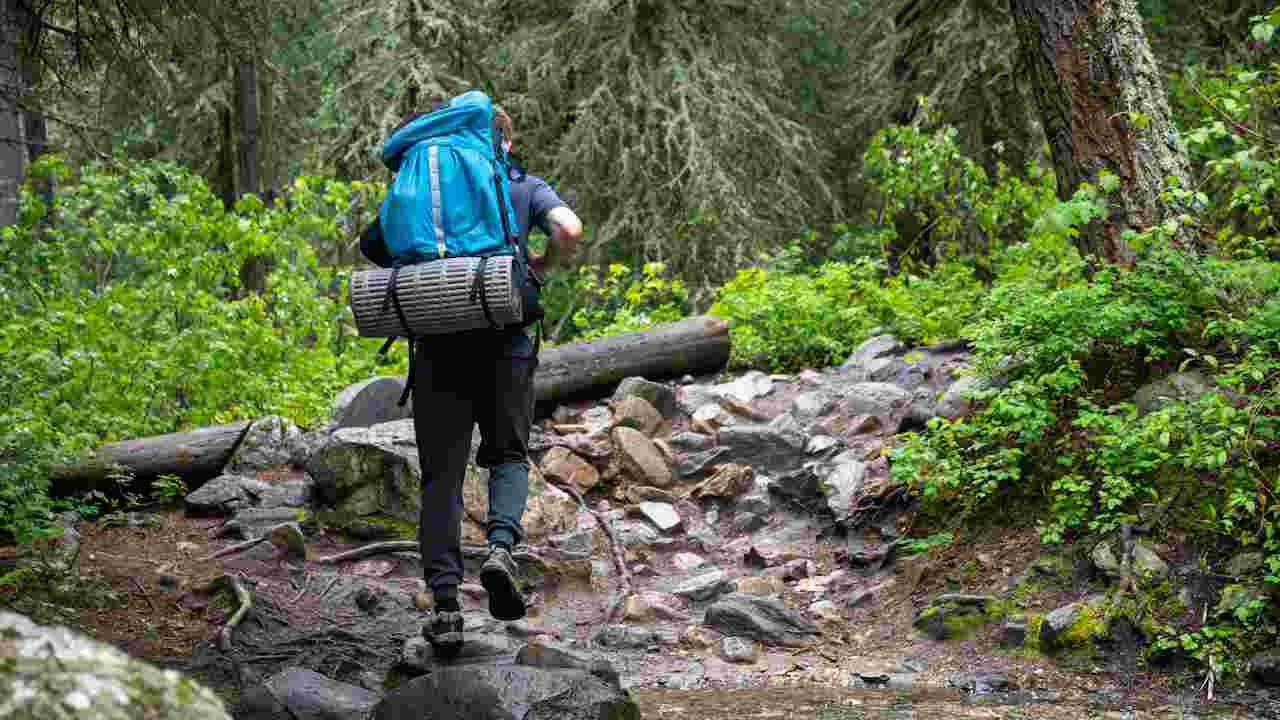 Ragazzo fa trekking in montagna