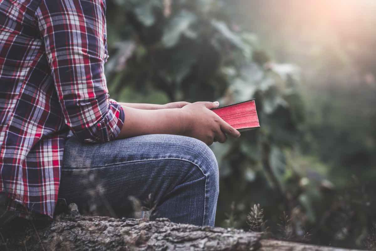 Ragazzo seduto durante una passeggiata con un libro in mano