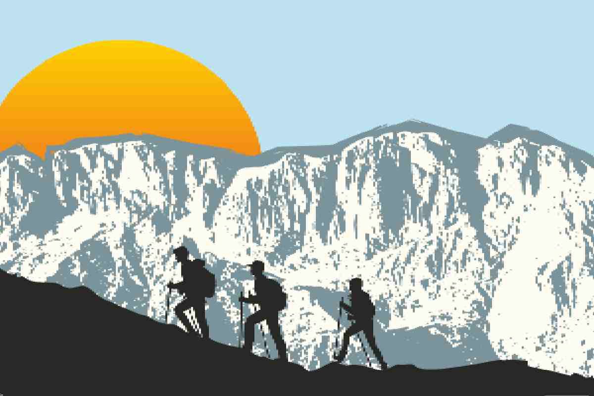 La locandina della Festa delle Guide Alpine Lombardia rappresenta tre persone intente a camminare lungo una montagna