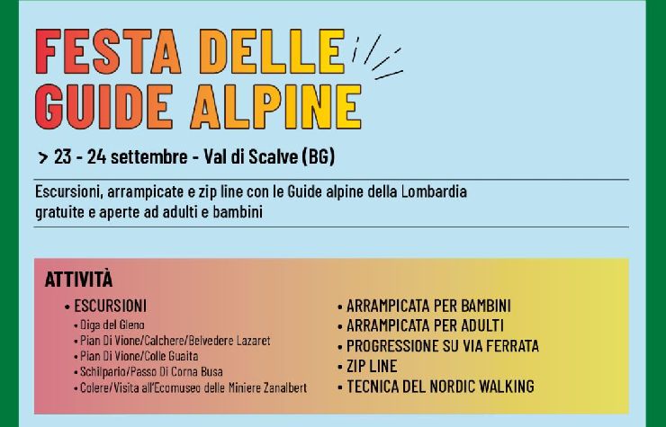 Programma festa delle guide alpine con data e varie attività di colore azzurro e arancio