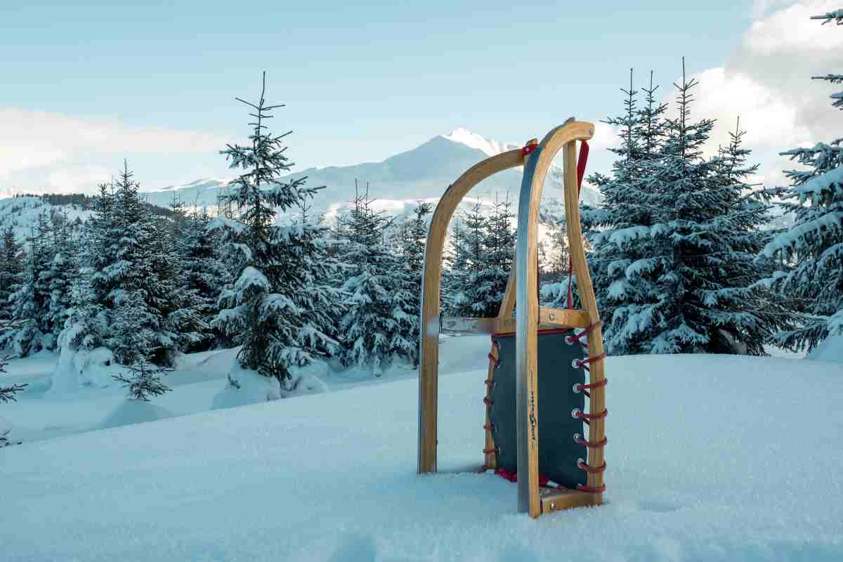 Slitta di legno sulla neve