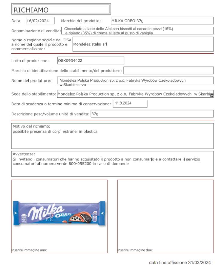 Ministero della Salute barrette di cioccolato