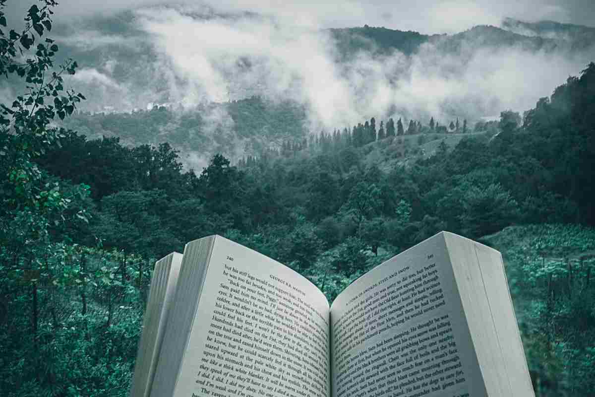 un libro aperto con uno splendido sfondo su delle montagne